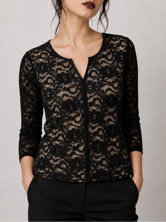 Tribal Tops - Tribal Black Floral Lace Top S Nude Lined 3/4 Sleeve Sheer Romantic Goth